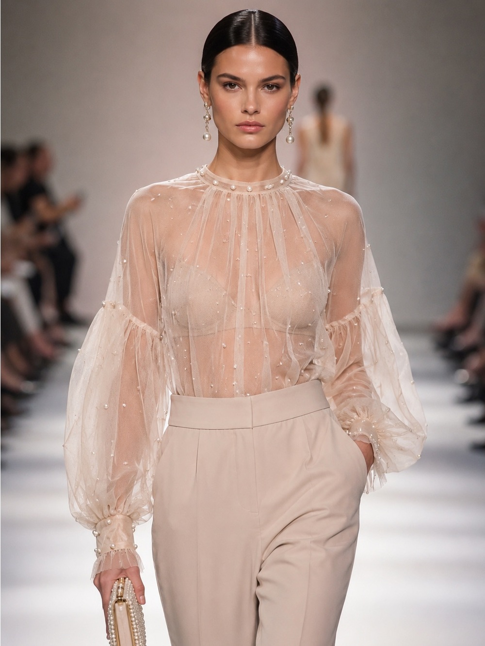 Elegant Sheer Pearl Embellished Blouse – Romantic Runway Statement Top